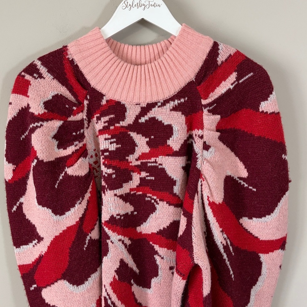 Anthropologie Farm Rio Flower Knit Mini Dress Pink Red Sz L NEW - Picture 4 of 13
